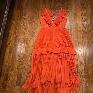 Self-Portrait Coral Red High-Low Ruffled Maxi Dress